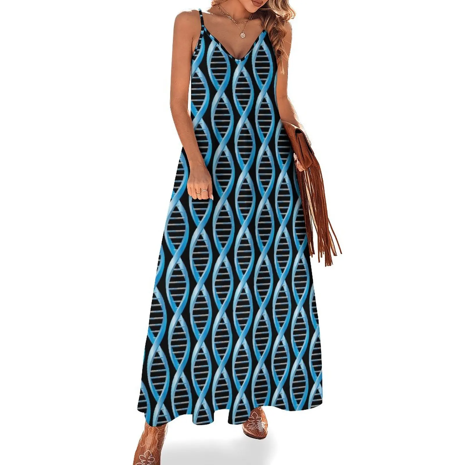 

Vertical segment of blue human DNA helix Sleeveless Long Dress summer outfits for women 2025 loose women's dress Dress