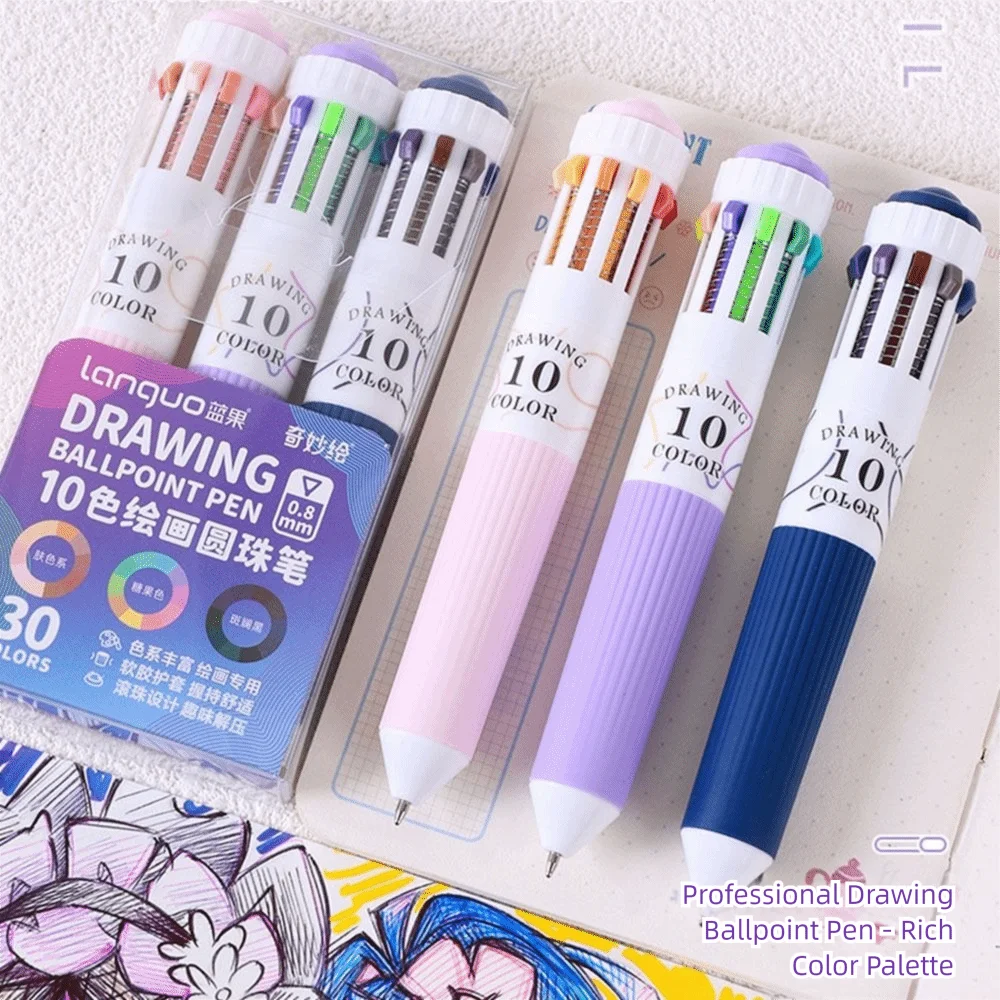 

3Pcs/Box 10 Color Drawing Ballpoint Pen Retractable 0.8mm Colored Pens Colorful Ballpoint Pens for Painting Study Marking