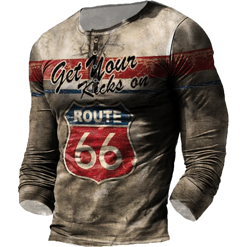 Vintage Men\'s T Shirt Long Sleeve Cotton Top Tees USA Route 66 Letter Graphic 3D Print T-Shirt Fall Oversized Loose Clothing 5XL