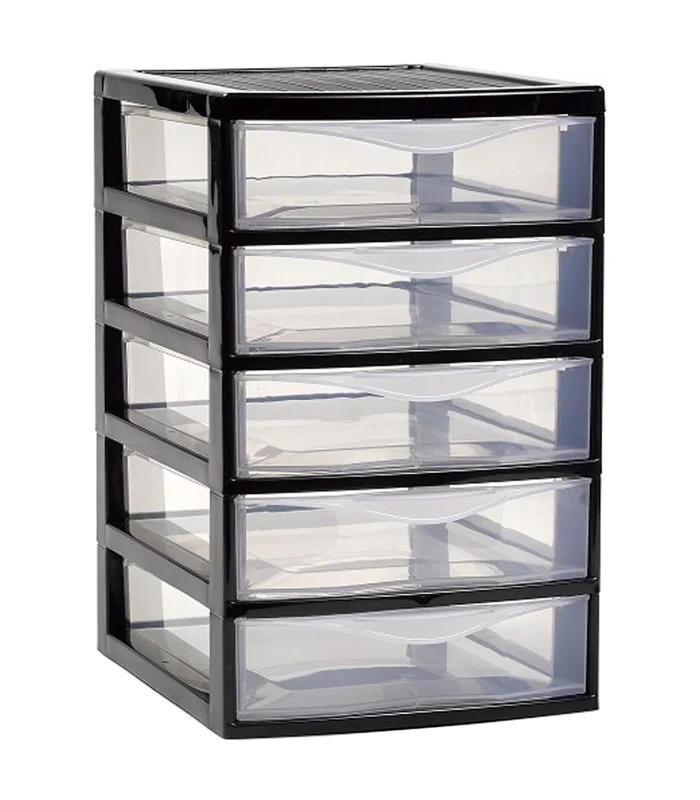 Tradineur-guadiana table top drawer, plastic, 5 transparent drawers, made in Spain (Black, 28x18x21,5 cm, m