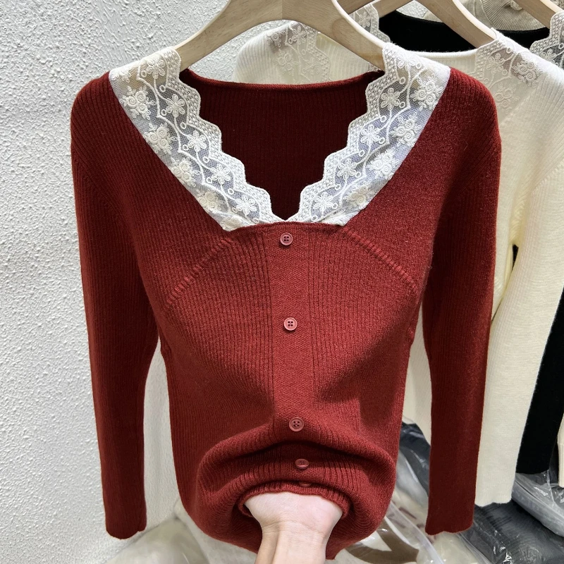 

Elegant Lace Patchwork Pullovers Top Spring Autumn New Long Sleeve Solid Temperament Short Sweaters Fashion Korean Women Clothes