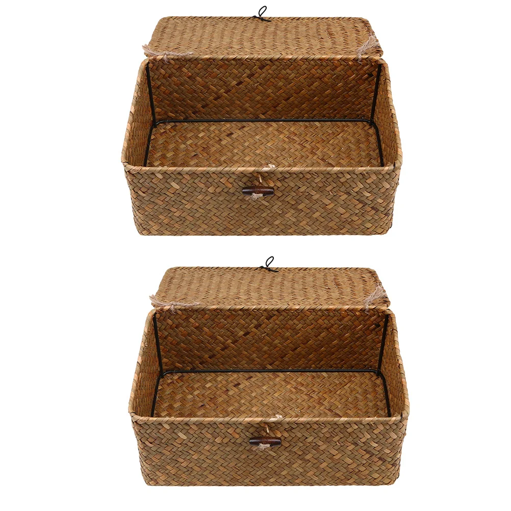 

2Pcs Storage Basket Seaweed Woven Basket Natural Coloring Multifunctional Storage Box for Home Bathroom Kitchen
