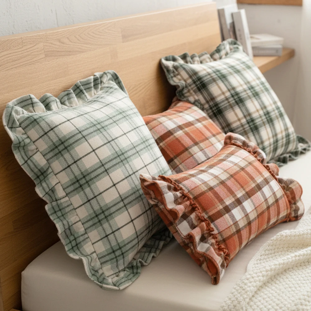 BUYNOW 1 STÜCK Zweifarbiger karierter Spitzenkissenbezug Britischer Vintage-Stil Countryside Cottage Sofa Kissenbezug Home Schlafzimmer Bett Dekor – Detail 2