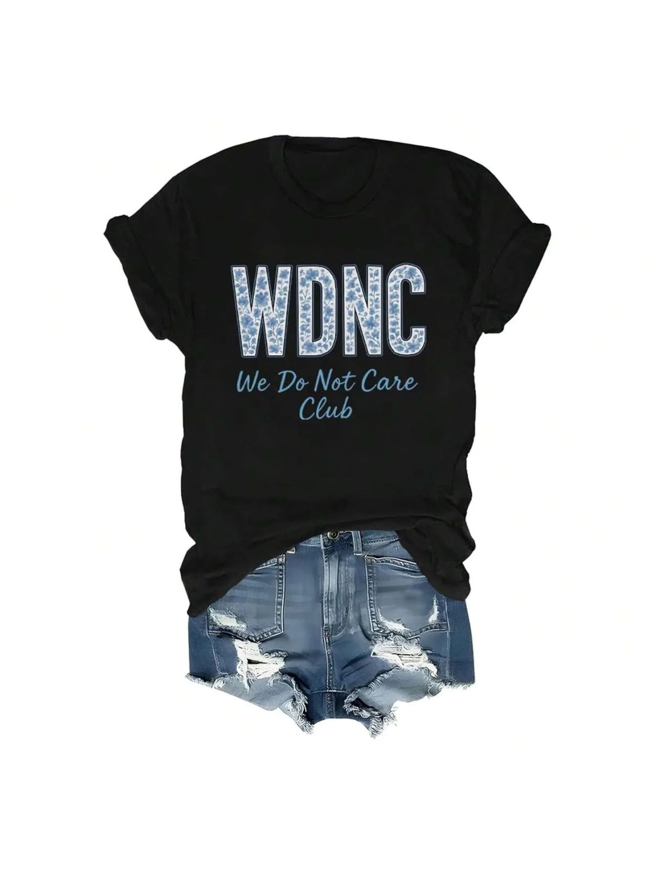 Wdnc We Don'T Care Club T-shirt graphique adapté aux femmes et aux hommes T-shirt décontracté à manches courtes et col rond avec tissu imprimé bleu et blanc audacieux adapté aux vêtements décontractés T-shirt imprimé audacieux