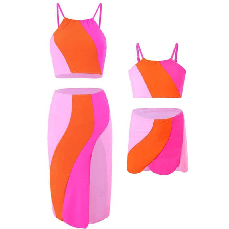 

New Family Matching Swimsuit Bikini With Beach Skirt Swimwear Women Swimsuit Mother and Daughter Suit 3pcs Beachwear Bikini Set