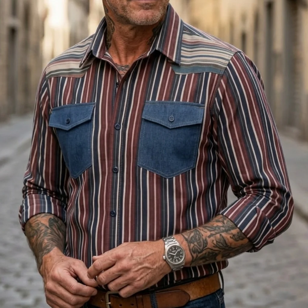Plus Size Men's Casual Striped Shirt Spring Summer Color Block Shirts Lightweight Cotton Blend Vacation Pocket Male Clothes