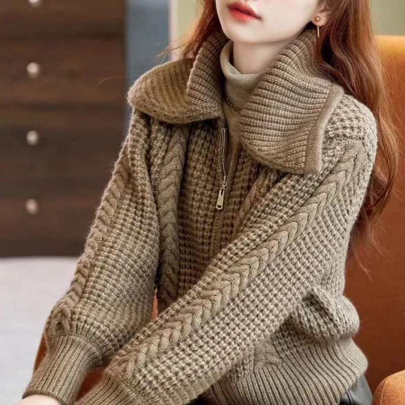 女性秋冬ジッパーセーターカーディガンレディシックカジュアル固体ニットコート毎日シンプルなジョーカー固体トップスニット女性