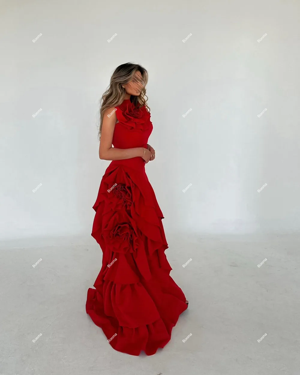 Booma Red Mermaid Evening Dresses One Shoulder 3D Flowers Ruffles Formal Party Gowns for Women Saudi Arabic Prom Dress Dubai