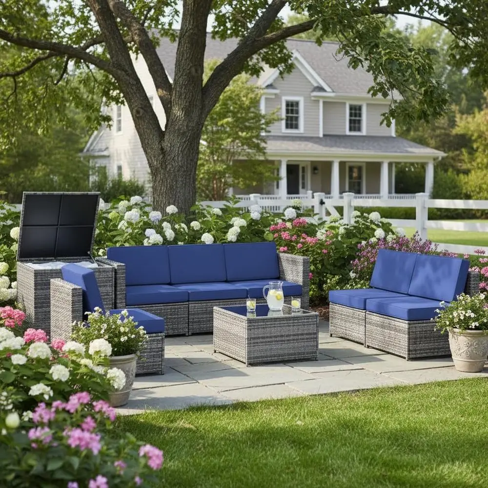 

8-Piece Wicker Patio Furniture Set with Storage, Outdoor Sectional Sofa with Coffee Table & Cushions, Ideal for Garden, Yard, Po