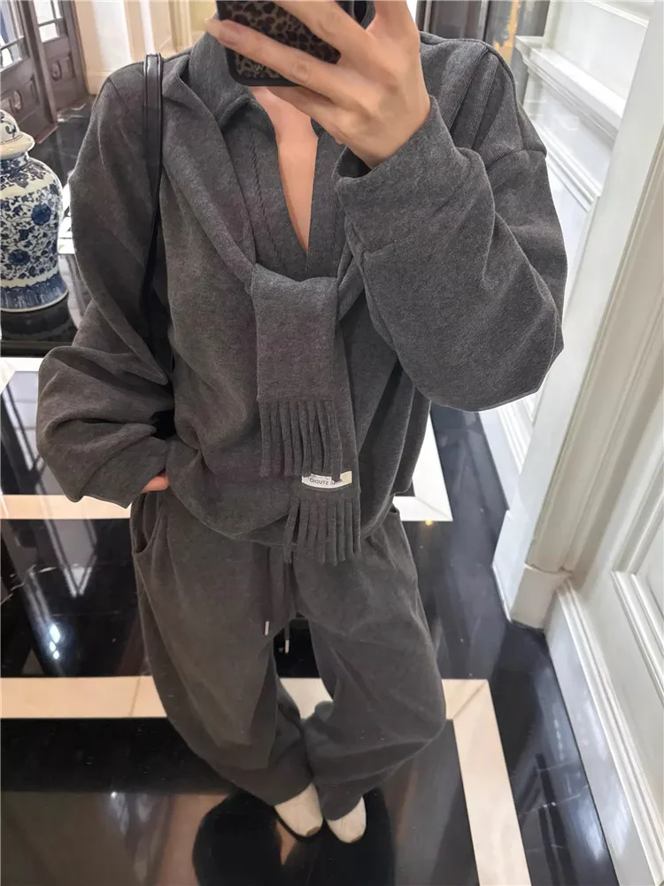 

Старые деньги, модные повседневные спортивные костюмы из двух предметов, серые, черные свободные толстовки в ленивом стиле, пуловеры и широкие брюки, комплекты спортивных костюмов из 2 предметов