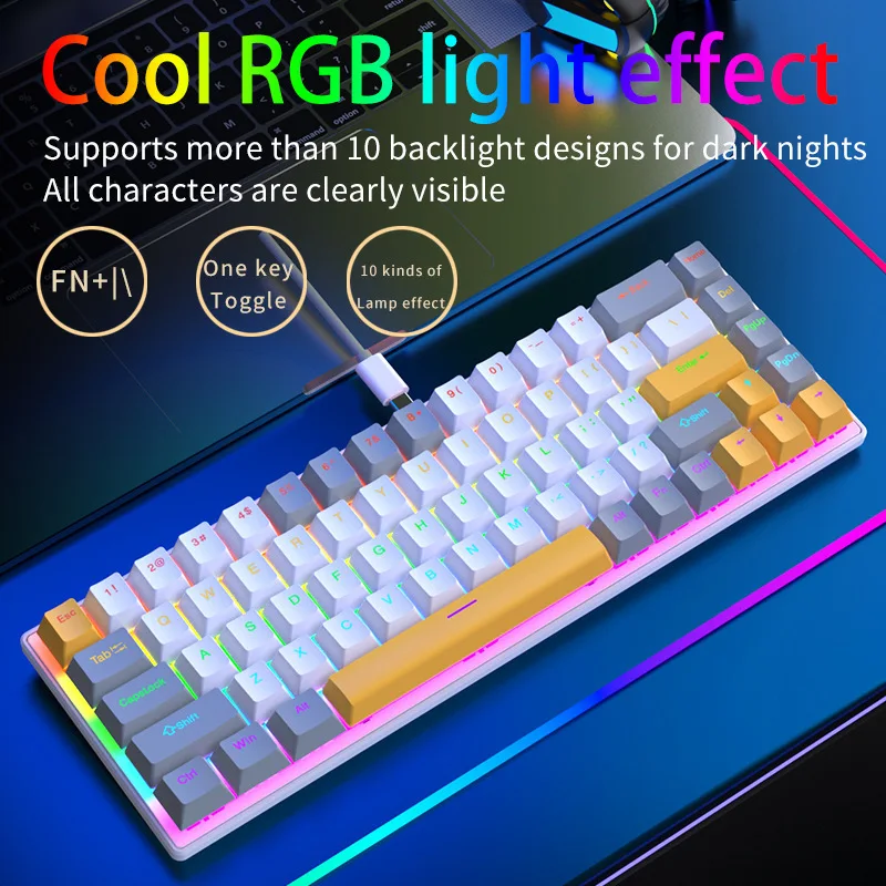 Type-c Wired Mechanical Keyboard 68Key Full-Key Rollover RGB Light Guide Hot-Swap Gaming Keyboard Office E-Sports Mini Keyboard