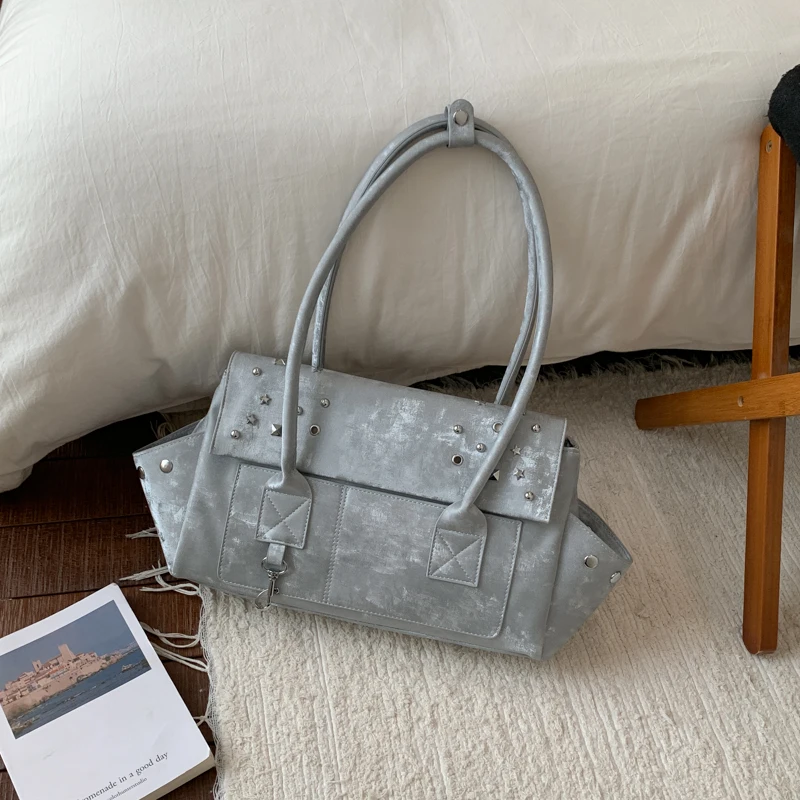 Women Retro Faux Suede Flap Handbag Fashionable Rivet Multi-pockets Design Tote Bags Y2K Large Capacity Zipper Shoulder Bags