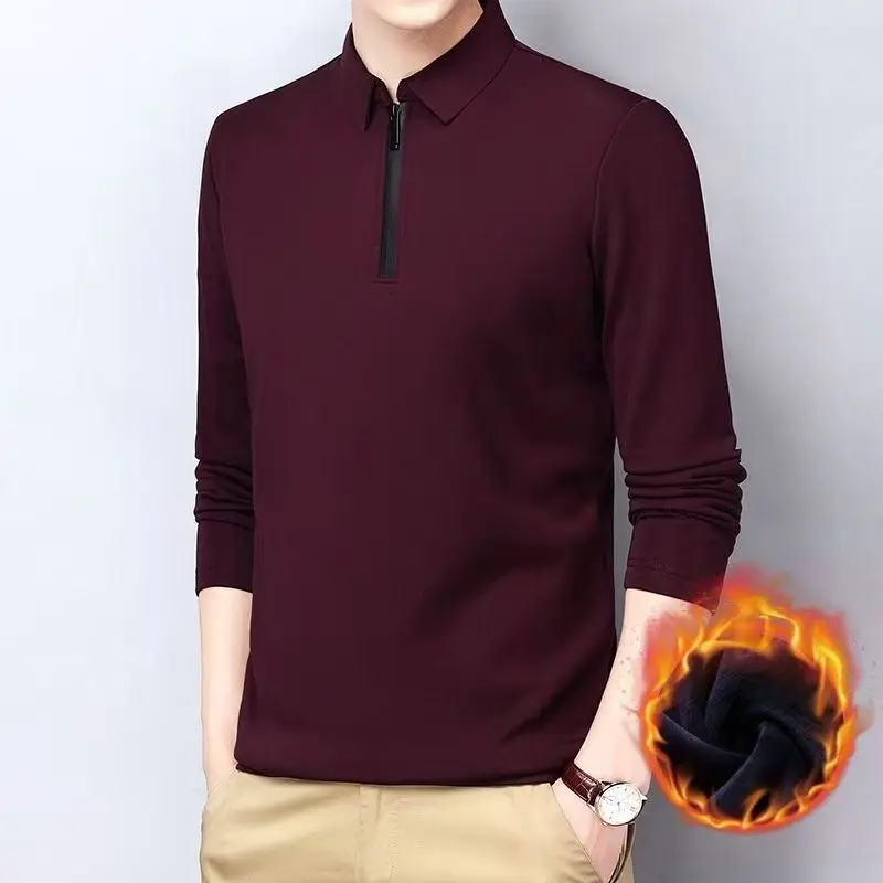 موضة التلبيب بلون الخريف الشتاء الرجال قميص بولو سستة زائد الصوف رشاقته الحرارية طويلة الأكمام Normcore الحد الأدنى القمم #6