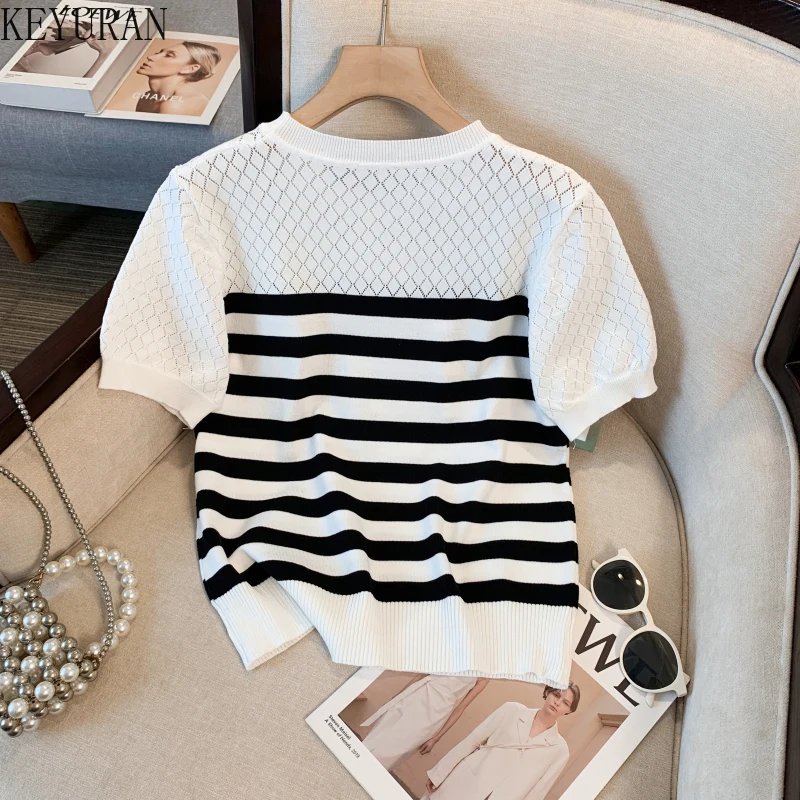 Thin Ice Silk Knit T-shirt Short Sleeve Sweater Women 2024 New Summer Chic Black Whiter Striped Tshirts Hollow Out Knitwear Tops