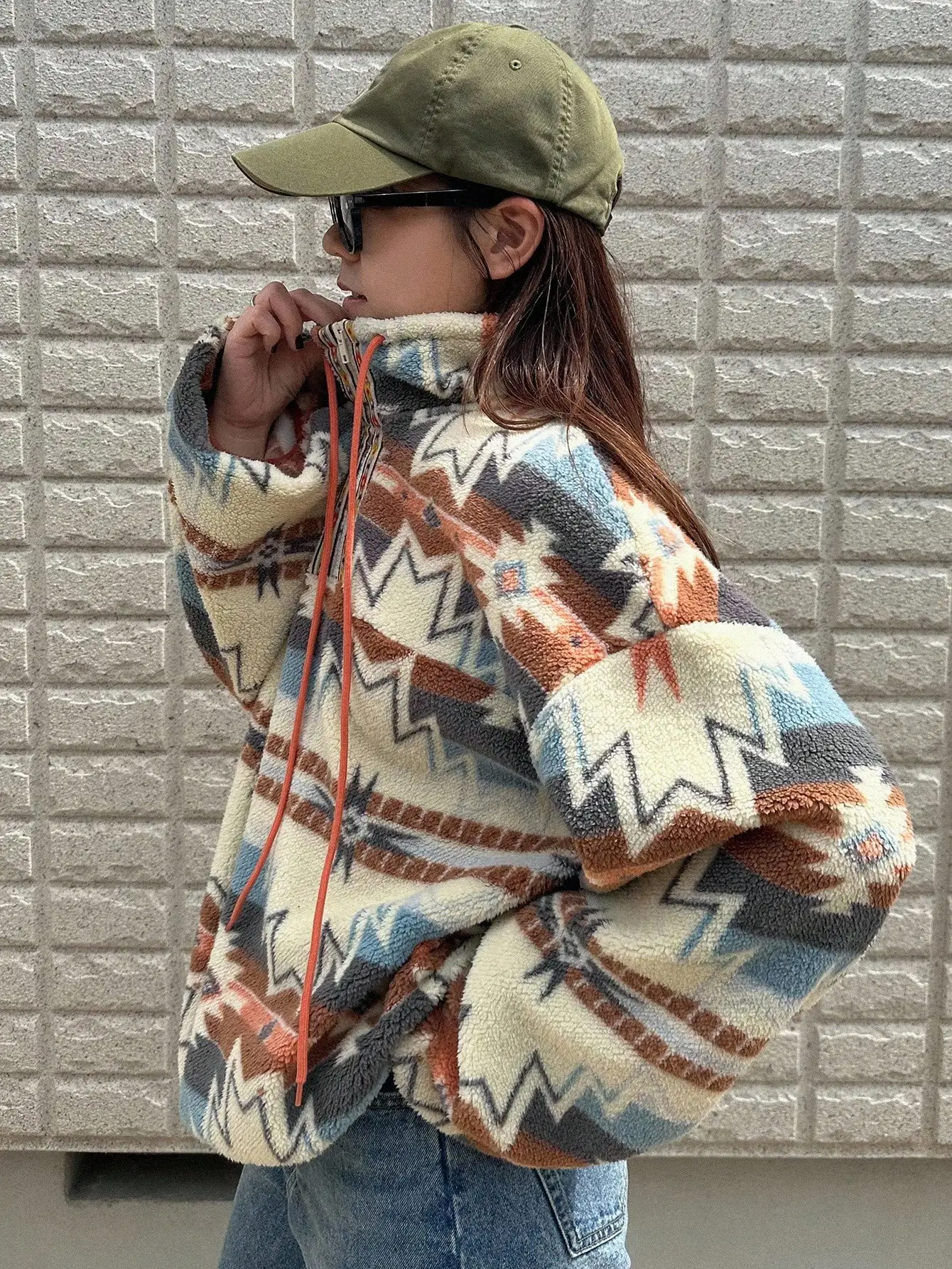 

Женская толстовка из флиса с этническим принтом, на шнурке, со спущенным плечом, свободного кроя, для осени и зимы