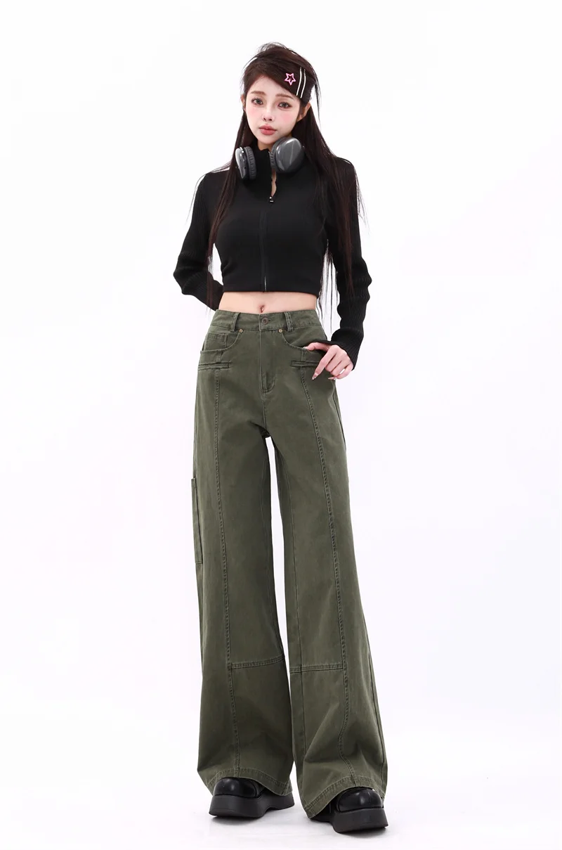 WCFCX STUDIO American Style High Street Military Green Jeans Straight Wide Leg Jeans Casual Women Lazy Style Cargo Pants