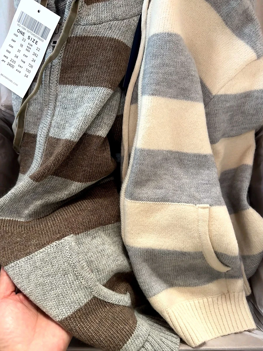 Gestreifte gestrickte abgeschnittene Pullover Strickjacke Frauen Herbst Langarm mit Kapuze Reißverschluss kurze Streetwear Strickwaren Pullover Y2K Crop Tops – Detail 3