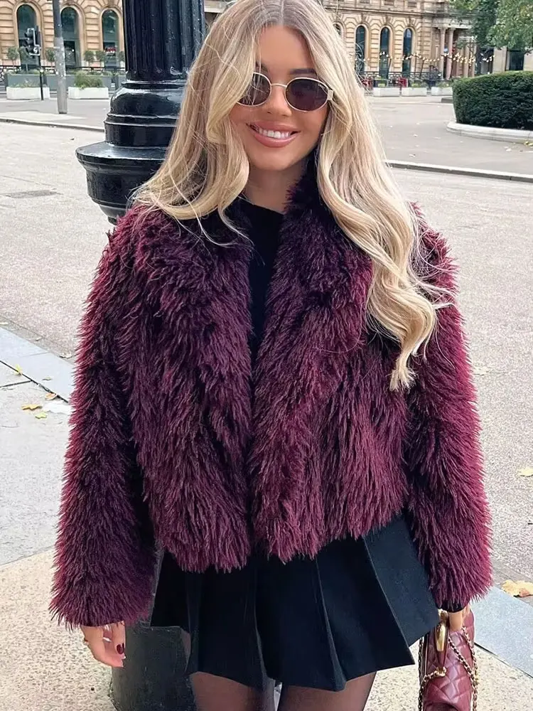 

Винтажное женское бордовое пальто из искусственного меха, короткая куртка с лацканами, зима 2023, шикарное теплое уличное женское новое пальто