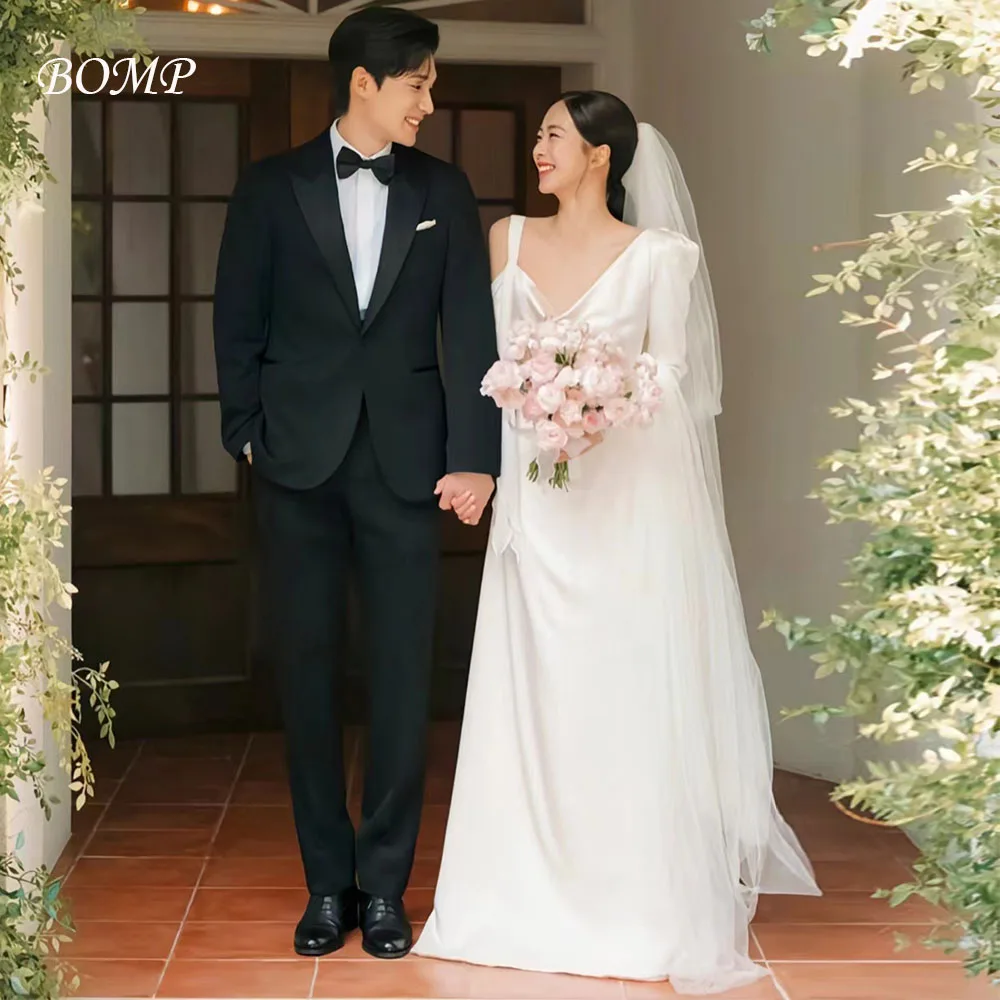 

BOMP Elegant One Shoulder Full Sleeves Pleat Floor Length Ivory Taffeat Korea Photo Shoot Bridal Reception Gown Customized