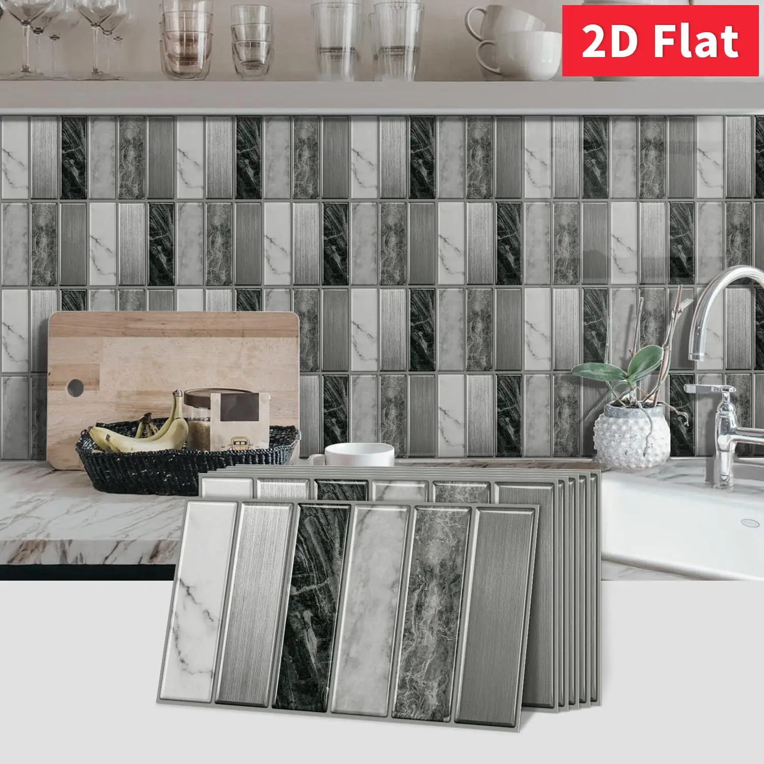 Silver Grey Marble Self‑Adhesive Wall Tile Stickers 11.81×5.91 inch 2D Flat for Home Kitchen Bathroom Wall Decor