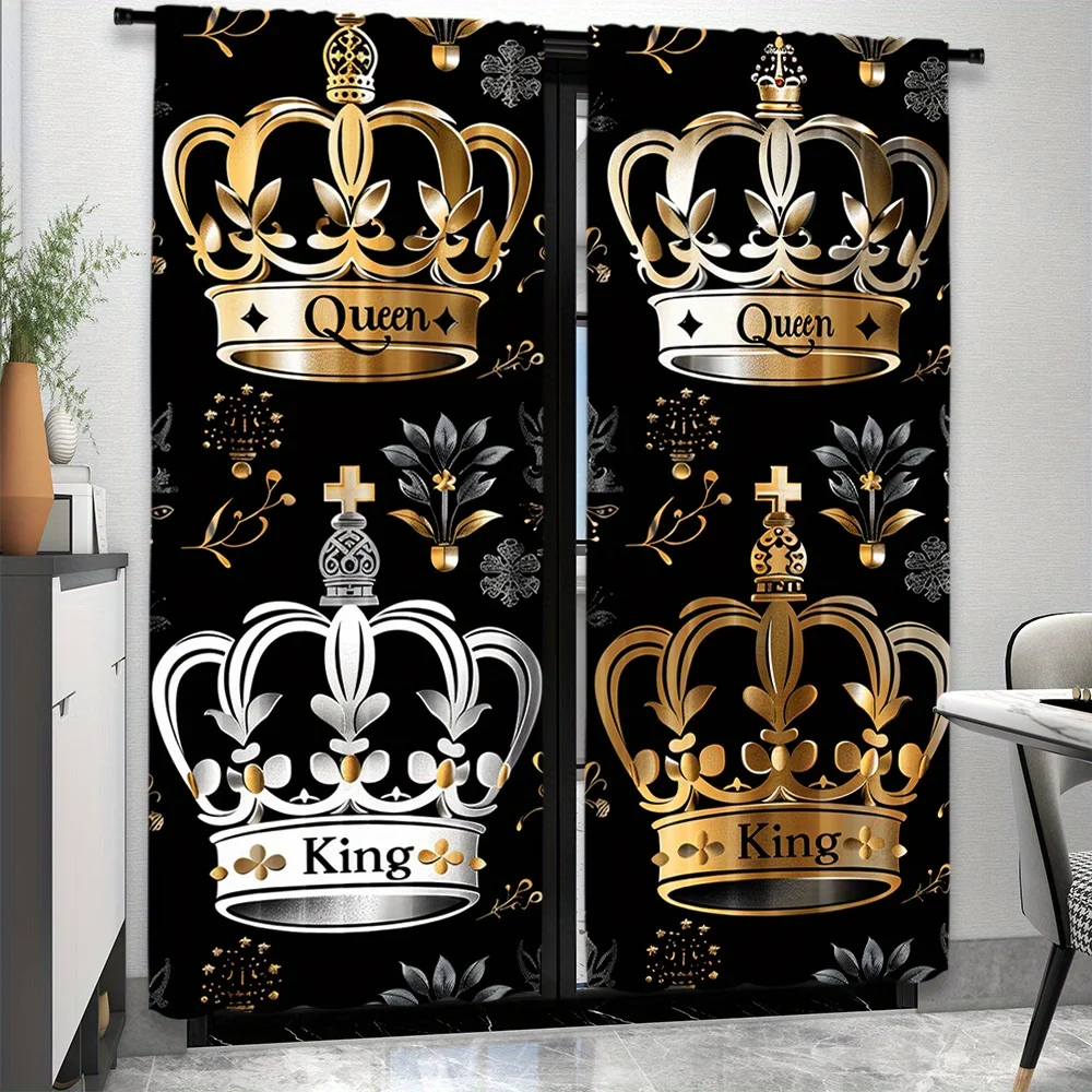 Luxury King Queen Crown Curtain, Gold Black Royal Pattern Blackout Drapes Noble Palace Style Window Treatment for Master Bedroom