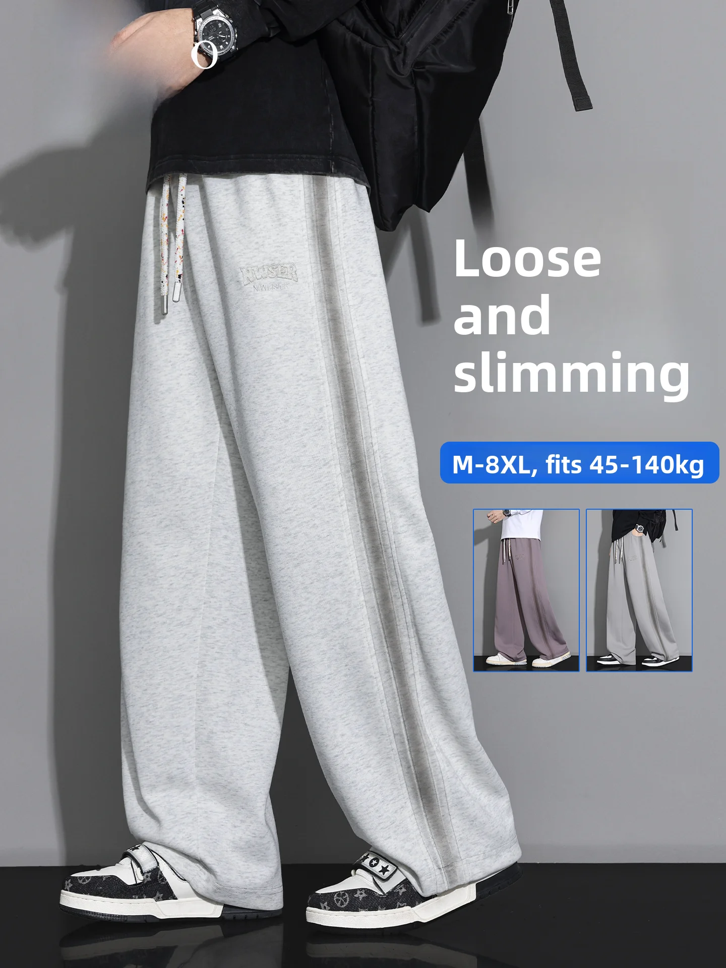 MoChao plus Size Men's Casual Pants Drapey Wide Leg Slimming Striped Leisure Trousers Spring Summer Loose Fit Polyester Cotton