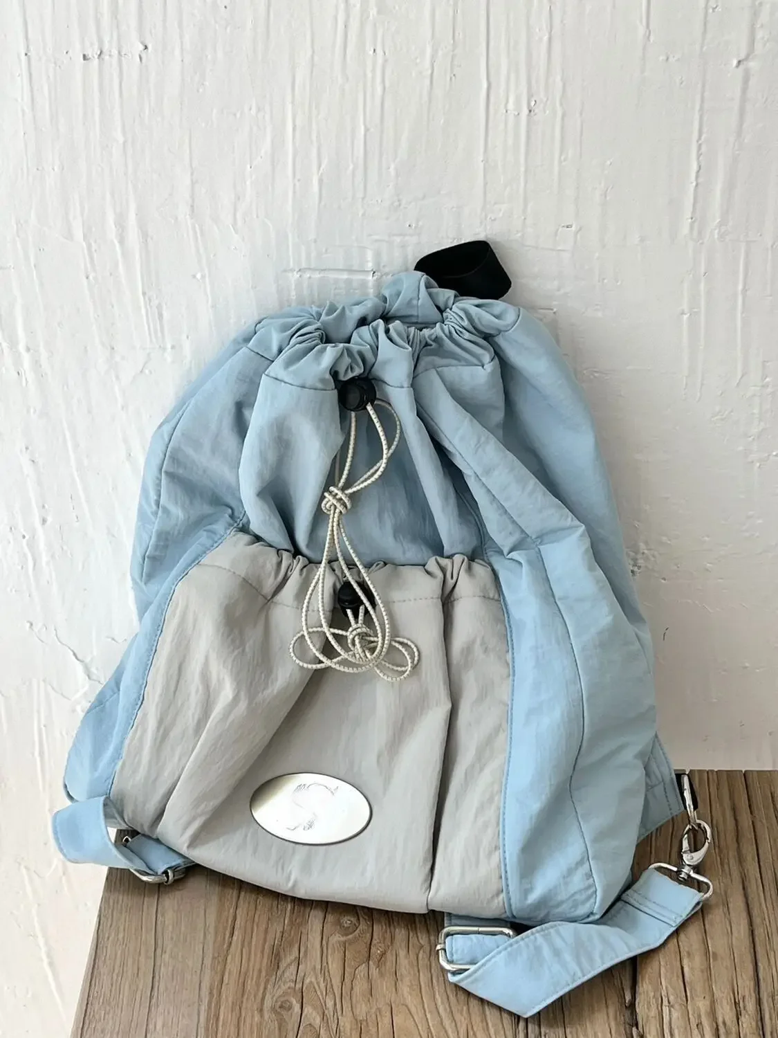 Miyagawa Blue Gray Drawstring Backpack for Women 2023 New College Students Backpack Large Capacity Oblique Straddle Backpack