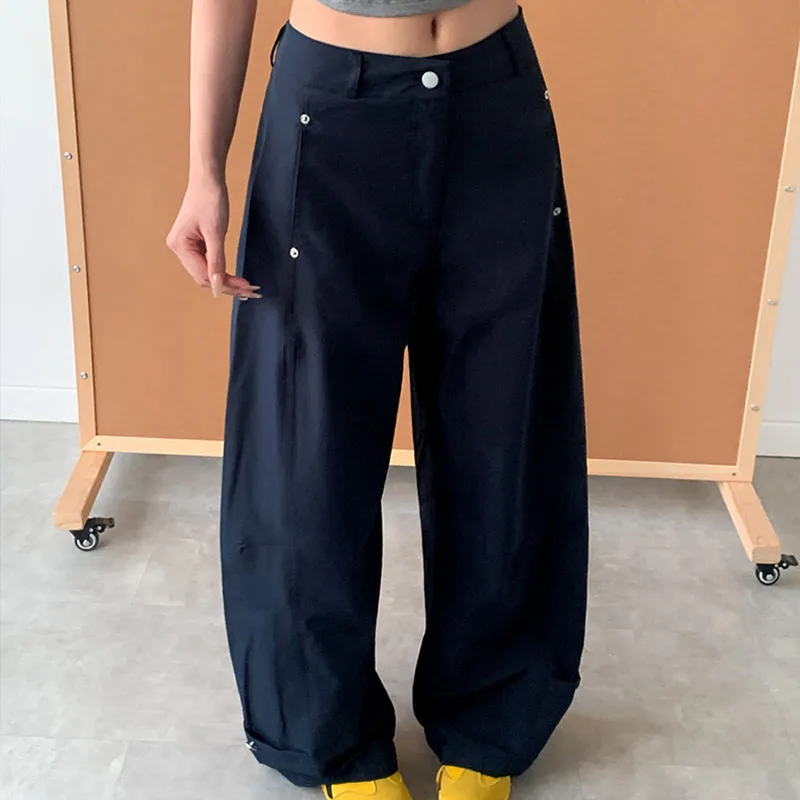 Lady Casual Pants Nail Bead Decoration Multi Pocket Design High Waist Solid Color Simple Daily Commuting Versatile Wide Leg Pant