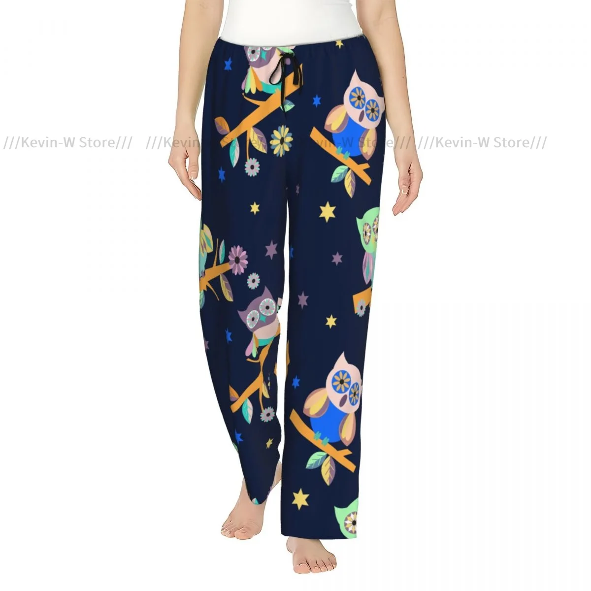 

Women Cute Owl On Branch Blue Print Flannel Pajama Pants Soft Warm Sleep Pants Cozy Winter Loungewear