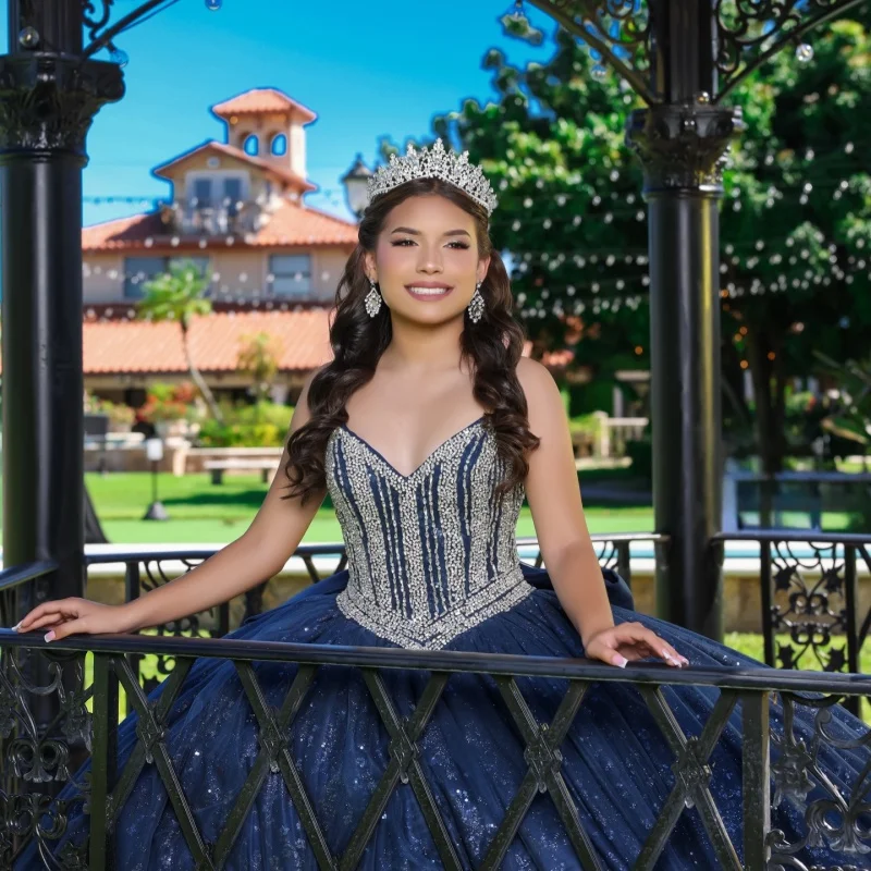 

Dark Blue Quinceanera Dresses Off the Shoulder Glitter Decal Lace Layering Long tail Bow Vestidoe 15 Quinceanera Customize