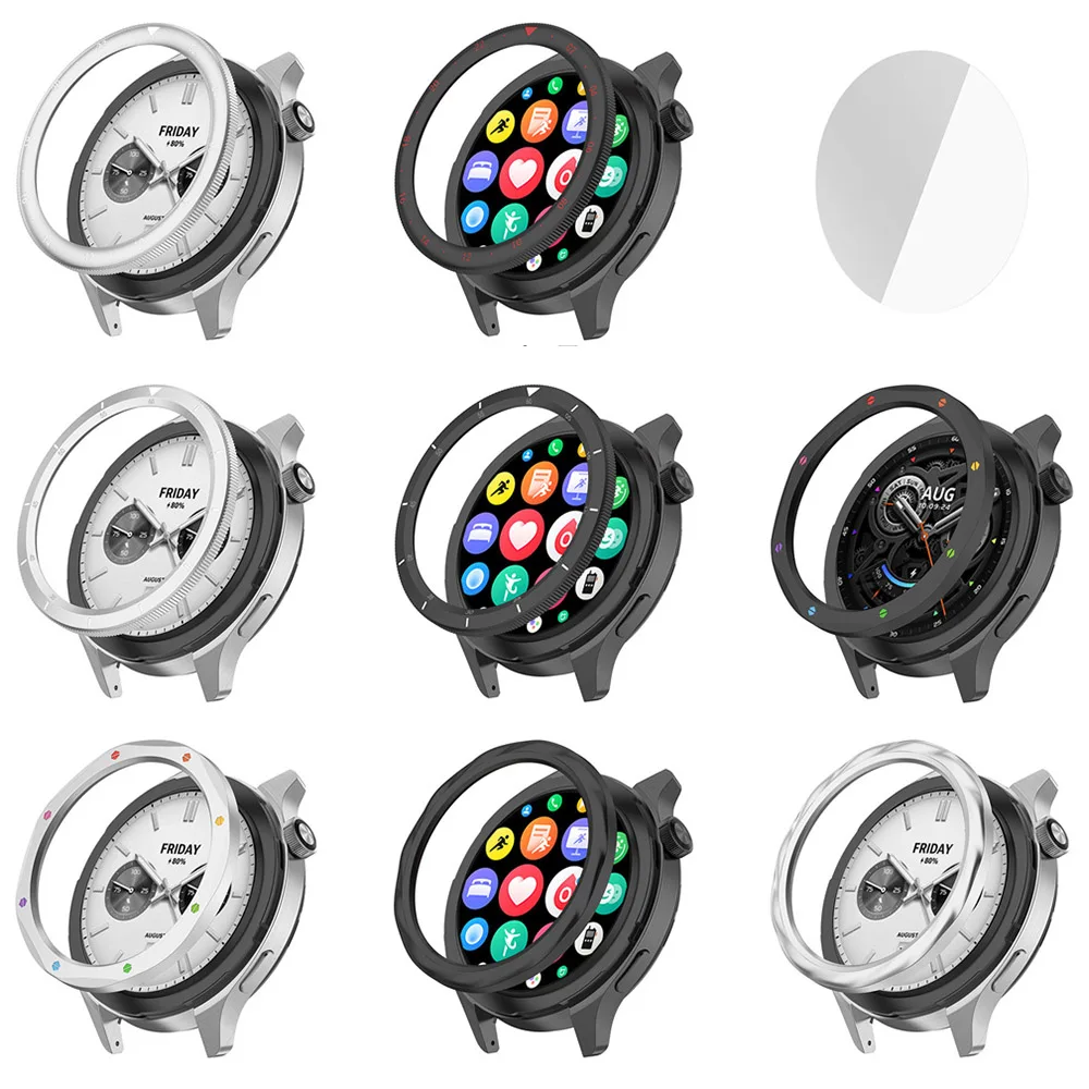 Anel de moldura de metal para xiaomi watch s4/s3, capa de substituição para relógio xiaomi s3 s4 esim + película protetora de vidro temperado