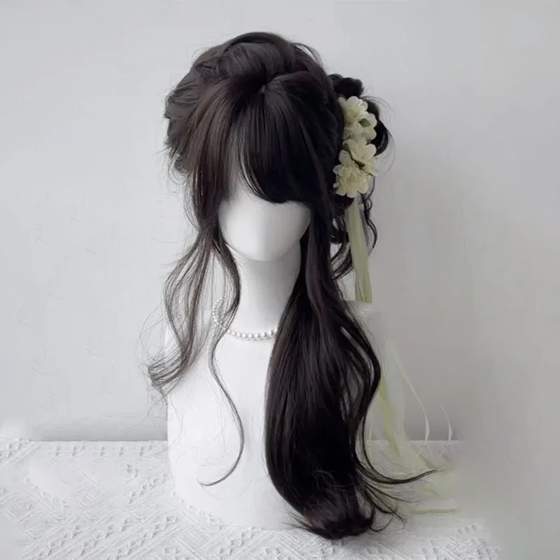 Schwarze Perücke, langes Haar, künstliches simuliertes Haar, Anime-Spielzubehör, Cosplay, Kopfbedeckung, leicht lockiges Haar, Foto-Show-Requisiten