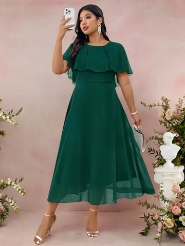 Elegant Women Plus Size Round Neck Loose Solid Chiffon Midi Dress For Wedding Guest Party