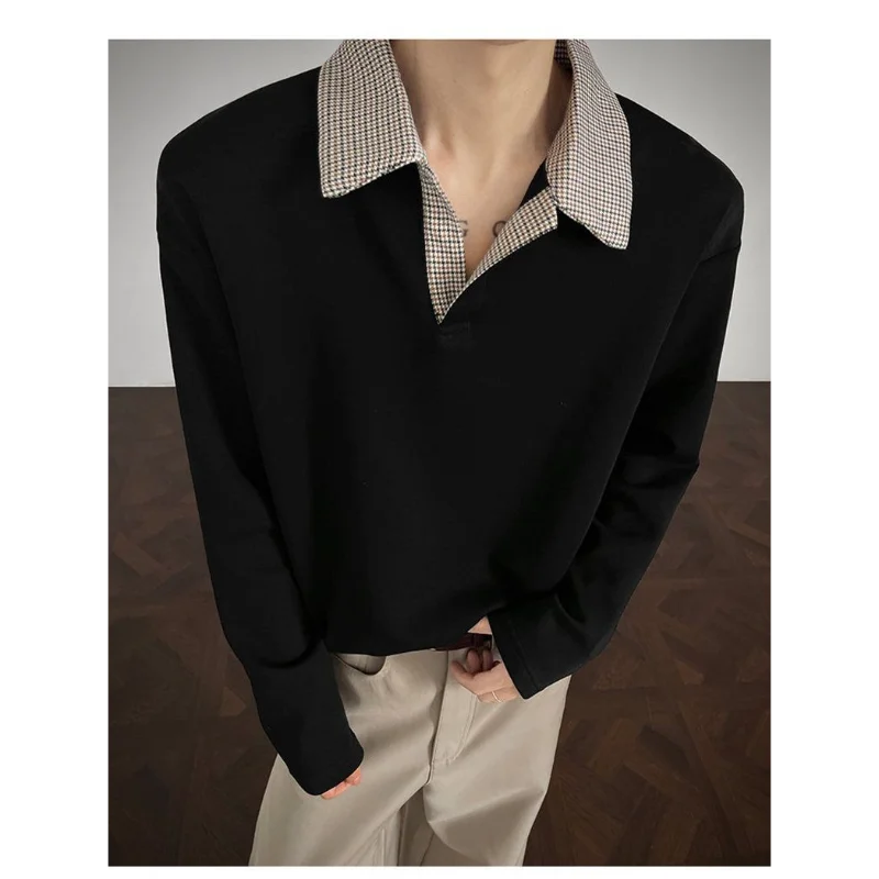 Men American Style Color Contrast Shirt Collar Long Sleeve Sweatshirt Casual All Match Autumn Top