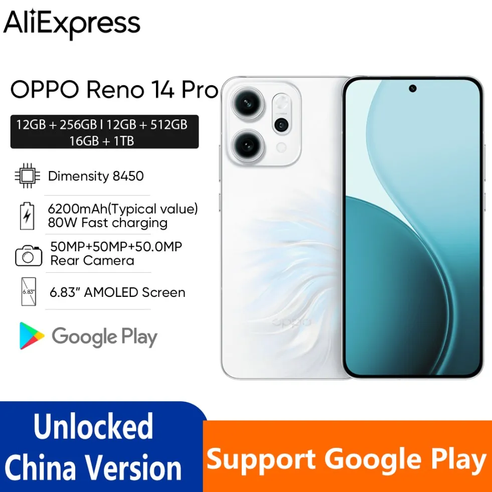 OPPO Reno 14 Pro 5G Smart Phone 6.83'' 120Hz AMOLED Screen MTK Dimensity 8450 6200mAh Battery 80W SuperCharg 50W Wireless
