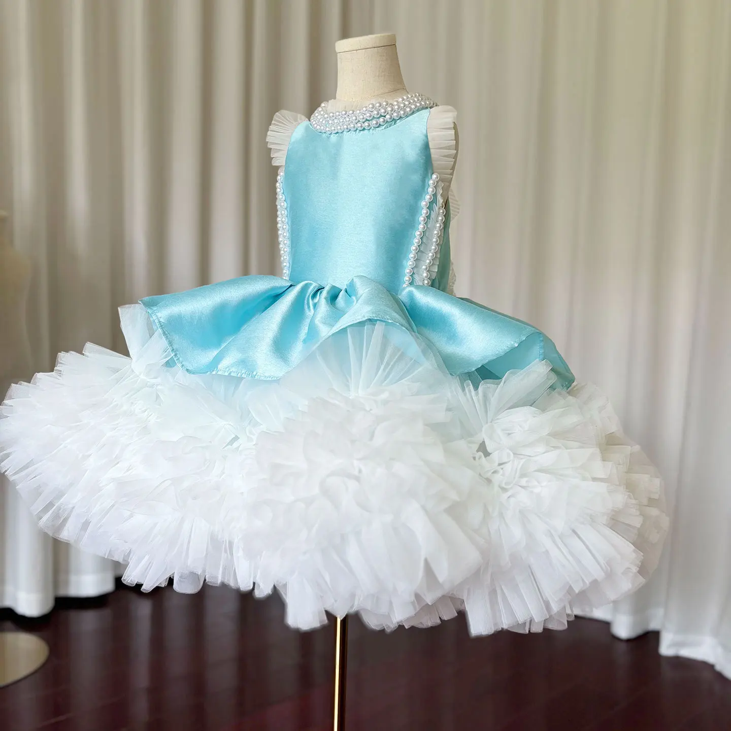 Jill Wish Luxury Sky Blue Girl Dress Pearls Baby Kids Princess Birthday Wedding Party Children Holy Communion Gown 2024 J027