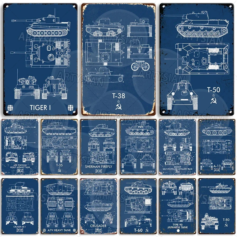 Tank Technical drawing Metal Sign Military Patent Drawing Plaque Tiger I T-27 StuG III FV 304 A7V AMX-30 T-35 Panzer VIII Maus