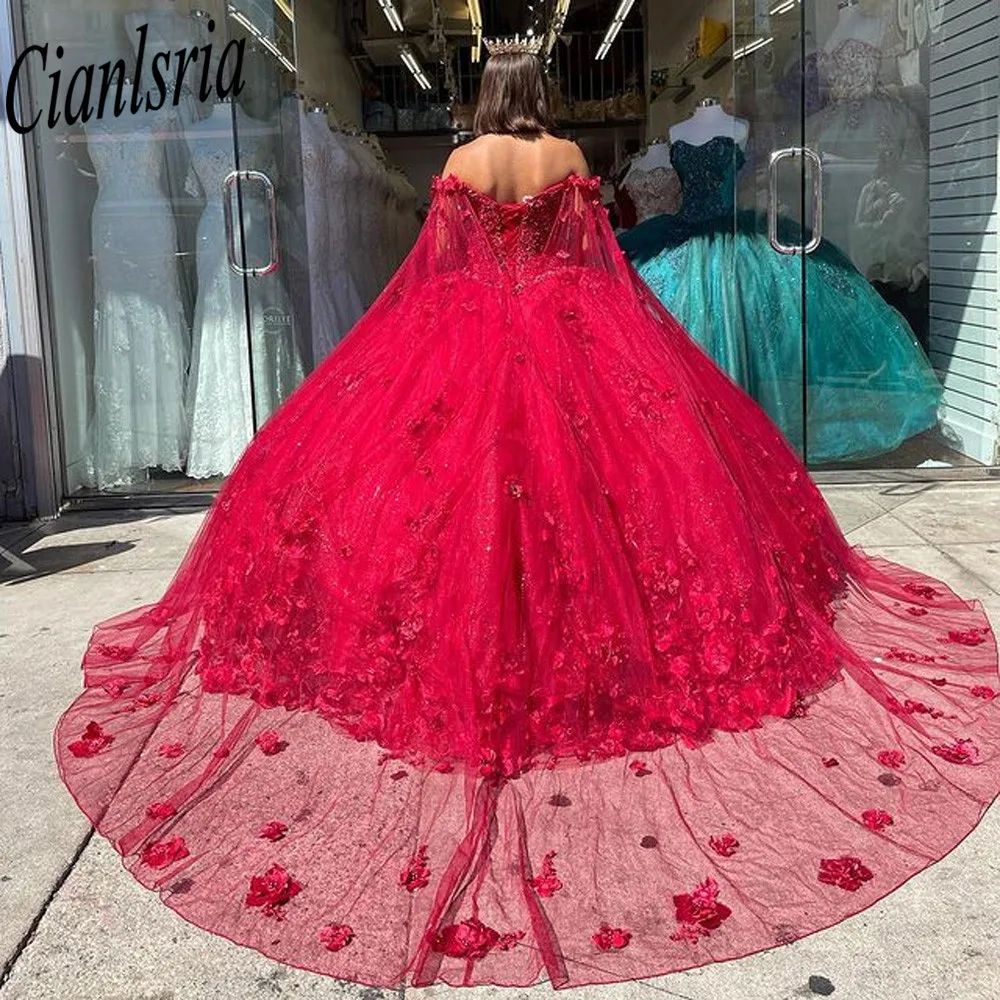 Vestido de quinceañera de encaje con lazo rojo, apliques florales, vestido de quinceañera con hombros descubiertos, corsé hecho a mano con flores, bata de princesa para mujer