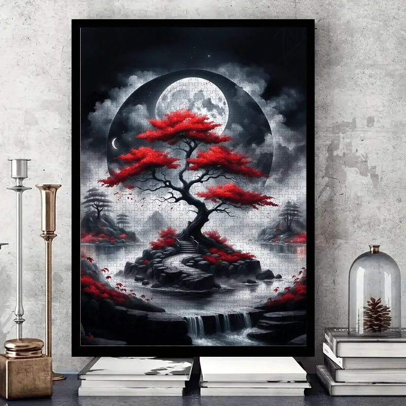1000pcs Japanese Landscape Jigsaw Puzzle for Adults - Large Challenging Puzzle with Cherry Blossoms, Red Leaves, Black & White image 5