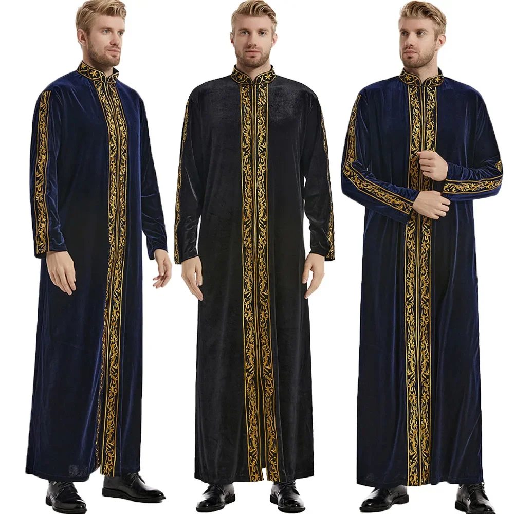 Muslim Men Jubba Thobe Islam Clothing Velvet Embroidery Winter Robe Saudi Abaya Caftan Jubah Thoub Dubai Arab Thawb Ramadan Gown