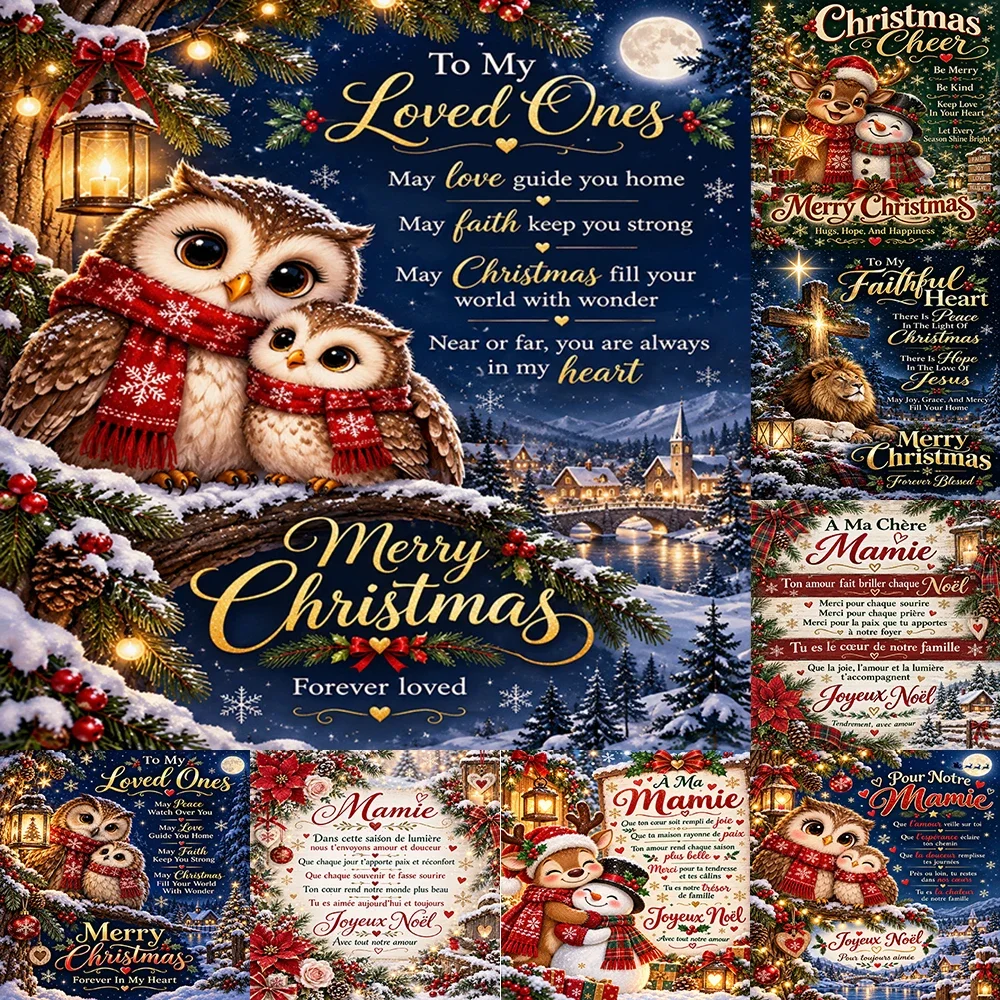 1pcs Vintage Christmas Throw Blanket for Loved Ones Cozy Winter Owl & Holiday Blessing Flannel Blanket for Home Decor