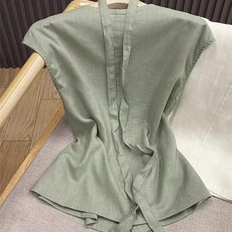 Limiguyue Mint Green Tencel Ramie Blouse Women V-neck Flying Sleeve Shirt Summer Single Breasted Slim Belt Tops Versatile 212P