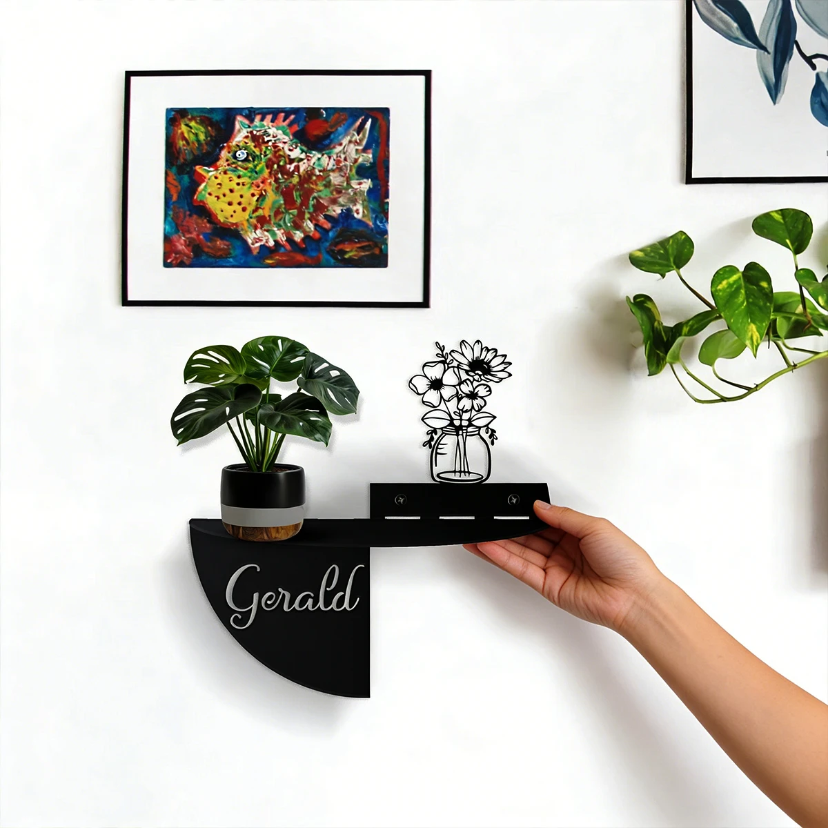 Custom Name Rural style flowers Metal Wall Shelf Easy Mount Home Decor for Christmas Valentine's Day DIY Gift Metal Wall Art