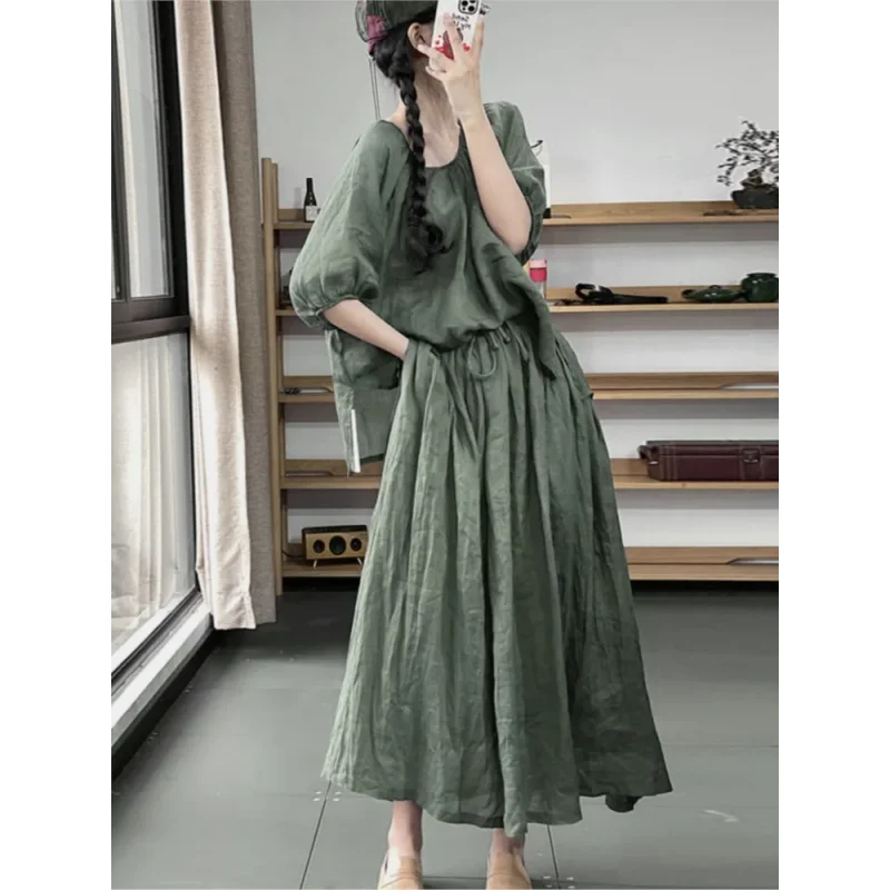 المتضخم الصيف 2 قطعتين مجموعة المرأة عادية موضة بلوزات السيدات مرونة عالية الخصر كشكش مطوي امرأة التنانير الطويلة