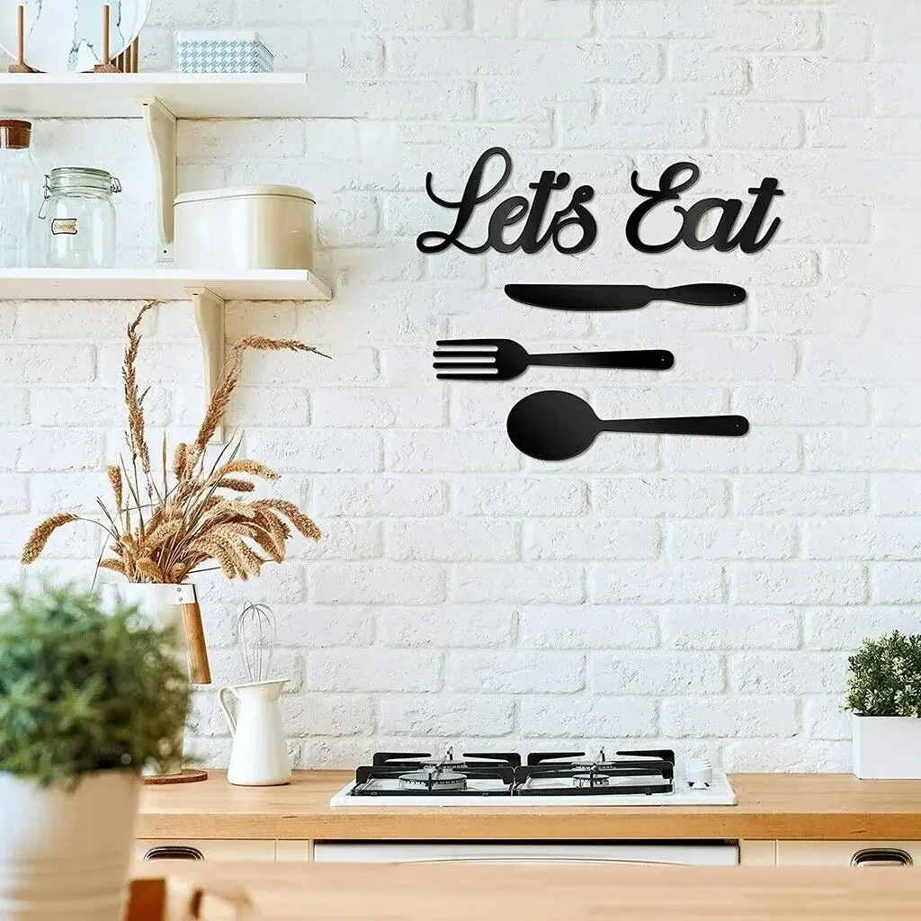 HelloYoung Set of 5 Let's Eat Metal Sign Fork Spoon Knife Sign Rustic Cutout Eat Wall Decor Iron Art Home Decor Hanging Wall Art view 2
