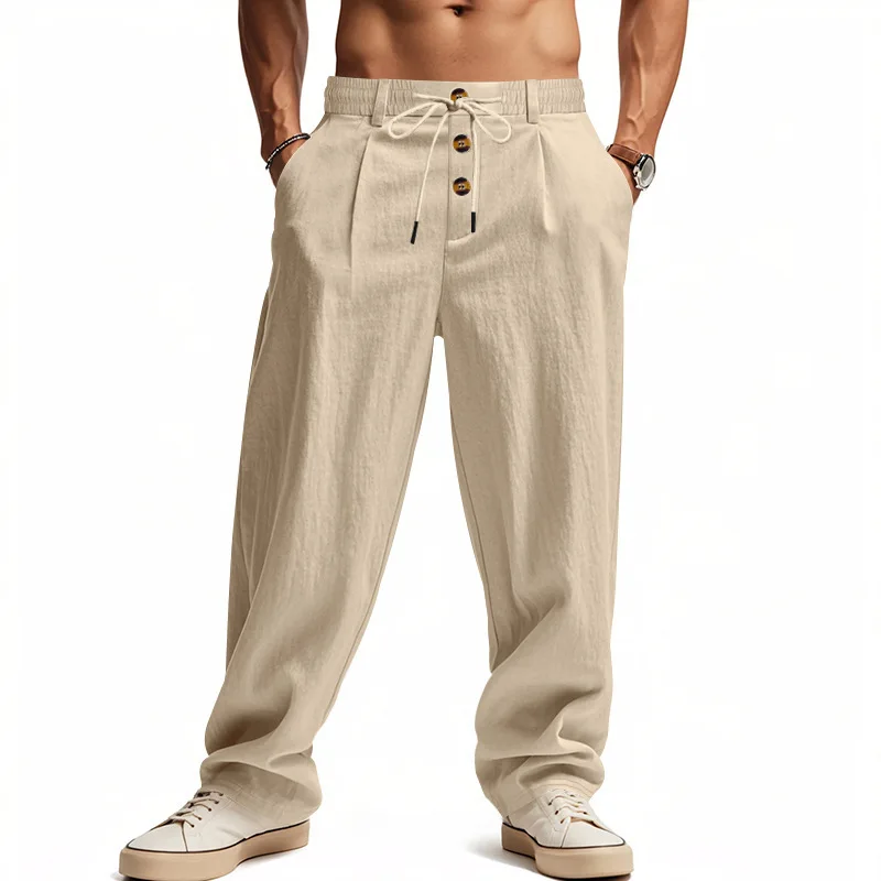 

2025 Spring Autumn Men's Cotton and Linen Sport Pants, Casual, Loose Fit, Comfortable, Leisure Outdoor Beach Plain Color Pants