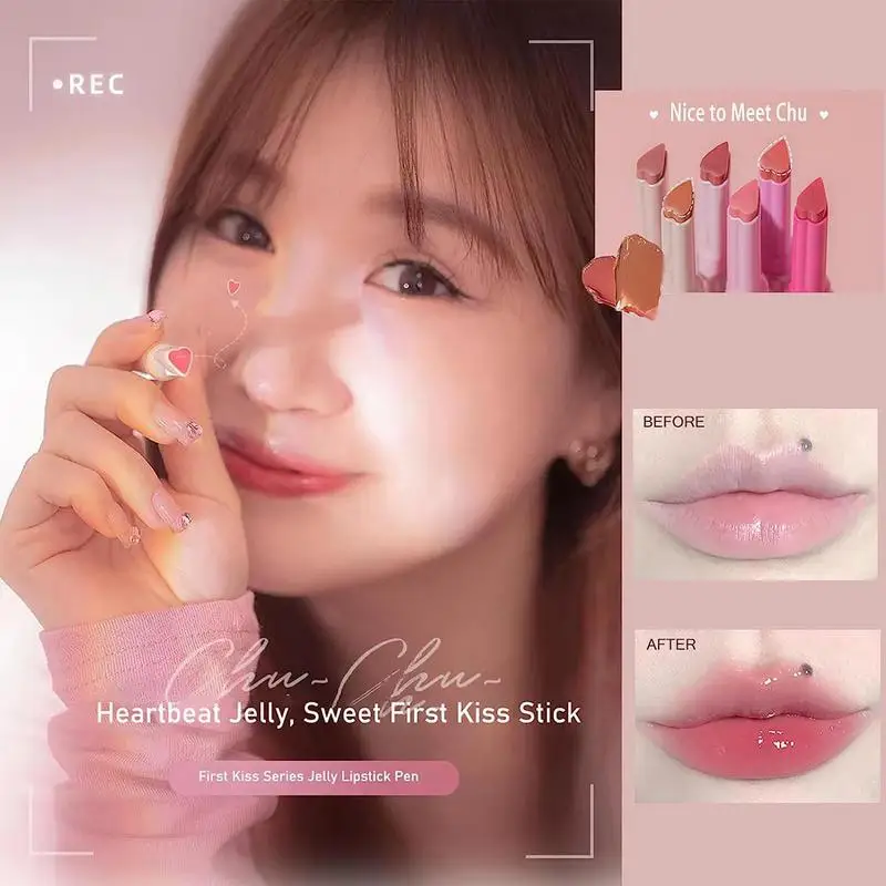 1 stücke Flortte Liebe Form Lippenstift Blume Gelee Wasser Lip gloss klares Licht feuchtigkeit spendende Lippen tönungen Antihaft-Tasse Korea Kosmetik