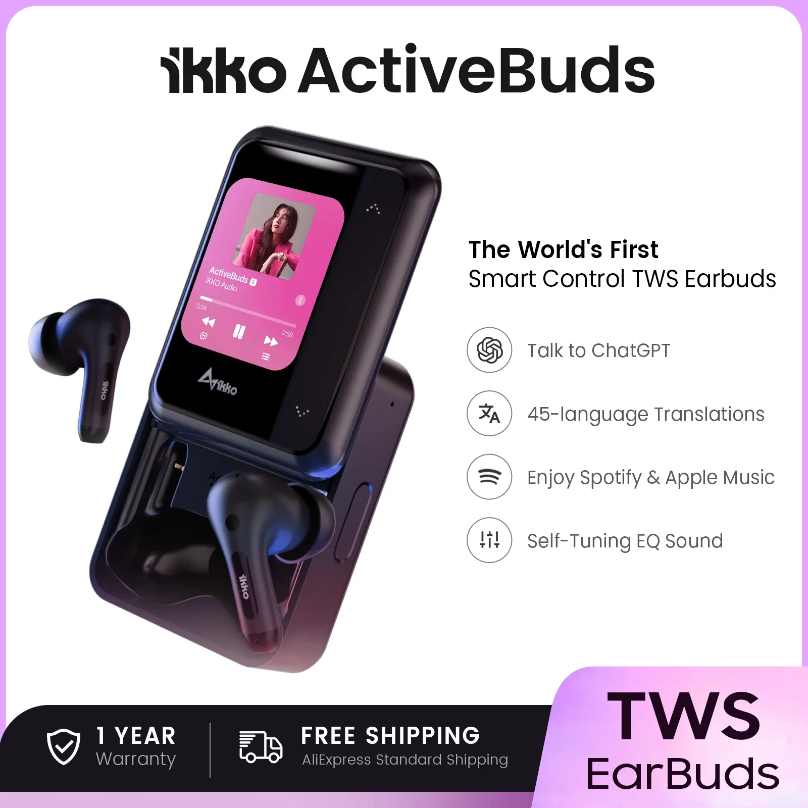 

iKKO ActiveBuds Bluetooth Earphones Wireless Headphones World's First TWS Earbuds with Smart System&Touchscreen In-Ear Headsets