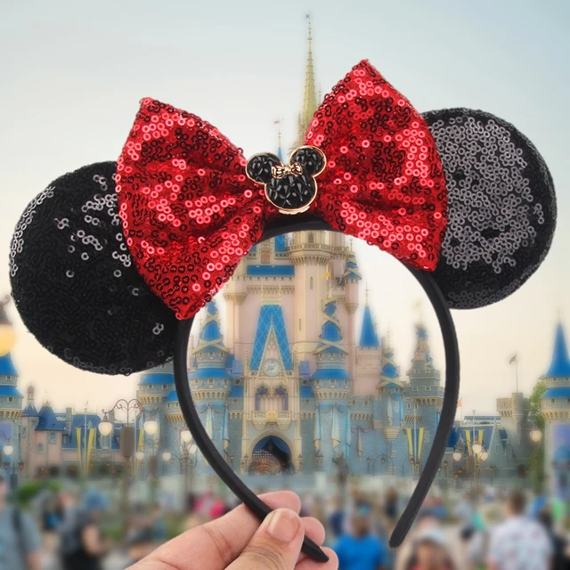 Opaska do włosów z uszami myszki z cekinami Disney Castle 2026, cekinowa kokarda, opaska dla dziewczynek, dzieci, na festiwal, imprezę, akcesoria do samodzielnego wykonania ozdób na głowę