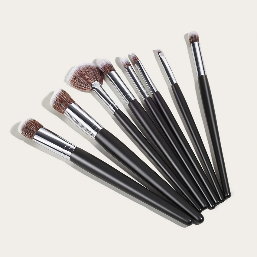 SAIANTTH คลาสสิก8Pcs ไม้ Handle Silver สีดำแปรงแต่งหน้าแปรงอายแชโดว์ Foundation แปรงพัดลมขนาดเล็กเครื่องมือเครื่องสำอาง